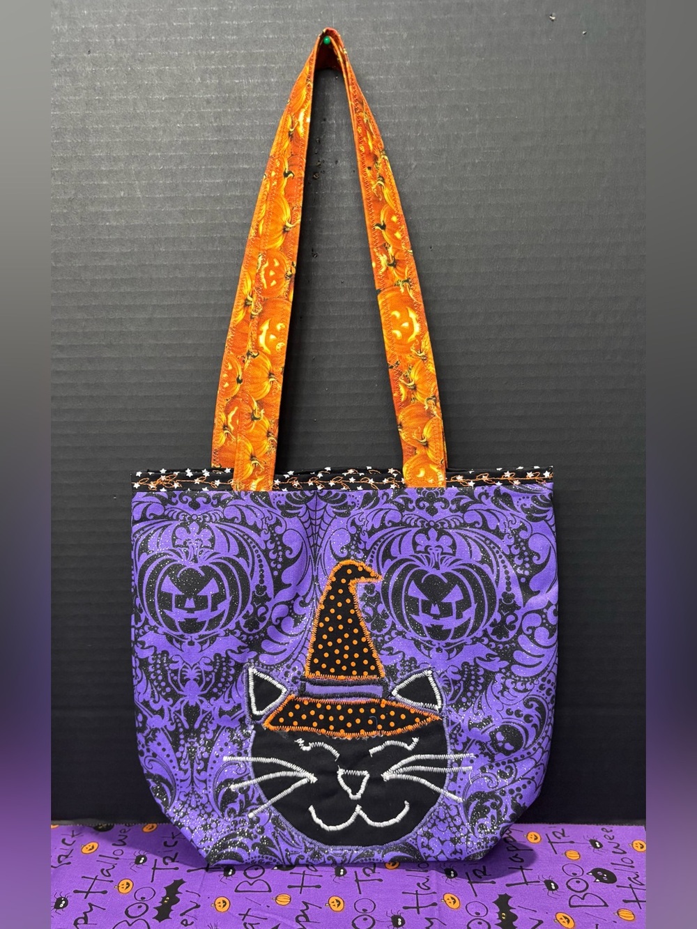 Festive Halloween Witches Cat Small Tote Bag with Spider Webs & Pumpkins